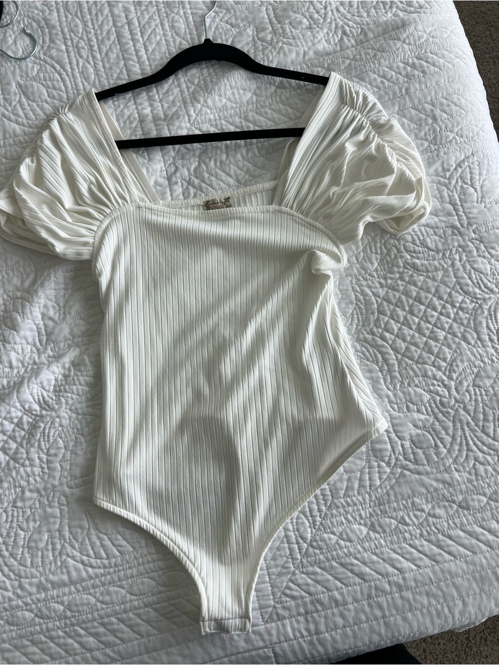 Free People White Ribbed Puff Sleeve Bodysuit